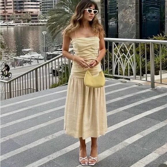 Zara NWT butter yellow ruched drop waist midi flowy summer dress
