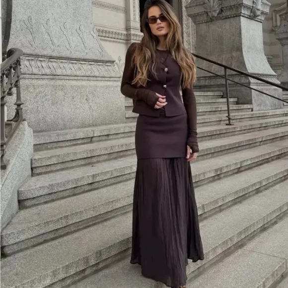 Zara NWT dark brown mixed combination midi pleated contrasting skirt