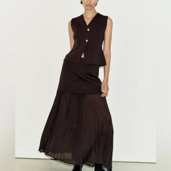 Zara NWT dark brown mixed combination midi pleated contrasting skirt