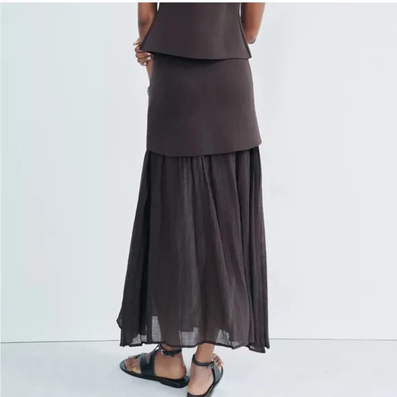 Zara NWT dark brown mixed combination midi pleated contrasting skirt