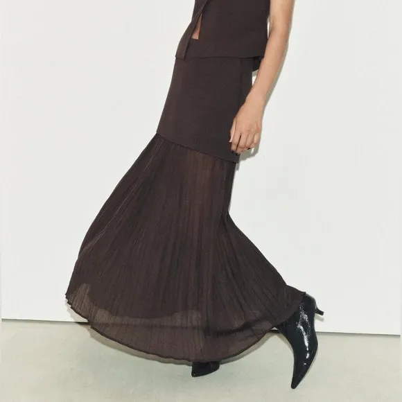 Zara NWT dark brown mixed combination midi pleated contrasting skirt