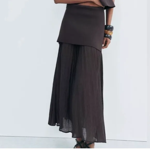 Zara NWT dark brown mixed combination midi pleated contrasting skirt