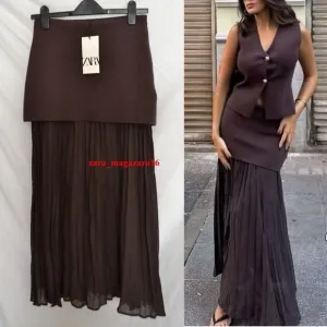 Zara NWT dark brown mixed combination midi pleated contrasting skirt
