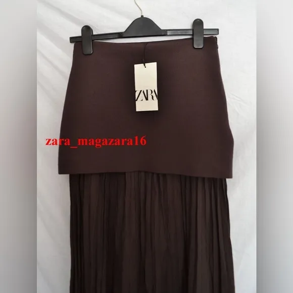 Zara NWT dark brown mixed combination midi pleated contrasting skirt