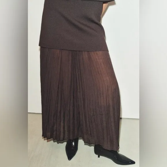 Zara NWT dark brown mixed combination midi pleated contrasting skirt