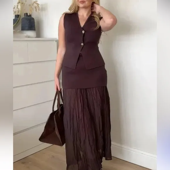 Zara NWT dark brown mixed combination midi pleated contrasting skirt