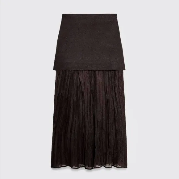 Zara NWT dark brown mixed combination midi pleated contrasting skirt