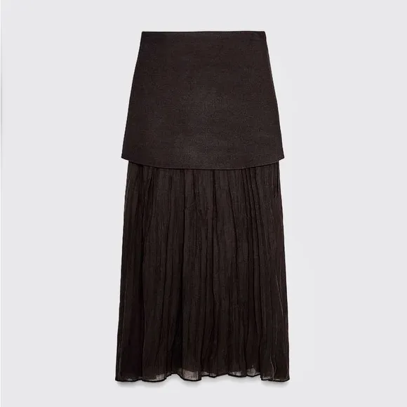 Zara NWT dark brown mixed combination midi pleated contrasting skirt