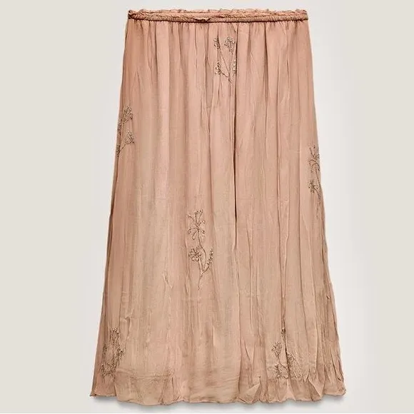 Zara NWT embroidered floral appliqués embellished flower mesh midi flowy skirt