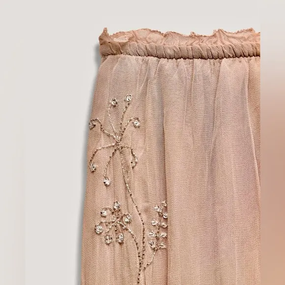 Zara NWT embroidered floral appliqués embellished flower mesh midi flowy skirt