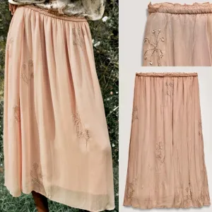 Zara NWT embroidered floral appliqués embellished flower mesh midi flowy skirt