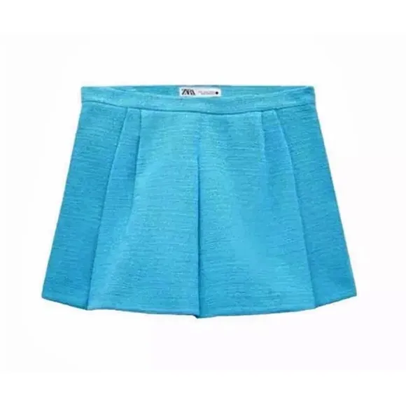 Zara NWT tweed  blue mini pleated skort / skirt with built in hidden shorts