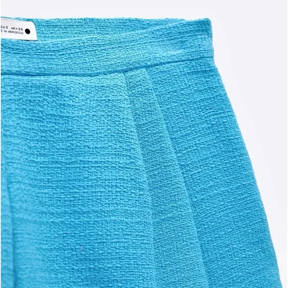 Zara NWT tweed  blue mini pleated skort / skirt with built in hidden shorts
