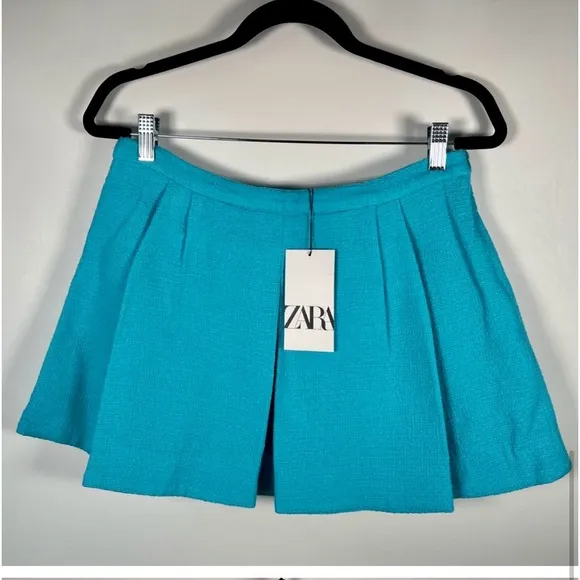 Zara NWT tweed  blue mini pleated skort / skirt with built in hidden shorts