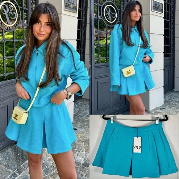 Zara NWT tweed  blue mini pleated skort / skirt with built in hidden shorts