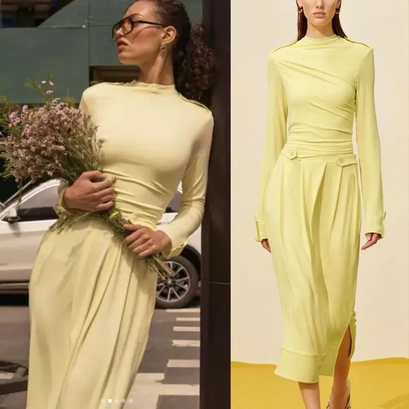 Zara rare SRPLS TGHT Midi Draped Butter Yellow drop waist Dress Special edition