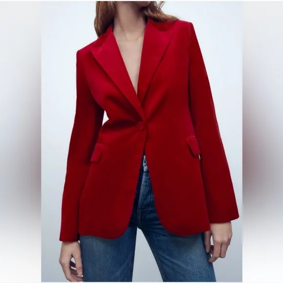 ZARA RED BUTTON VELVET BLAZER SIZE XS