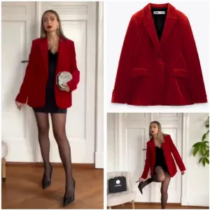 ZARA RED BUTTON VELVET BLAZER SIZE XS