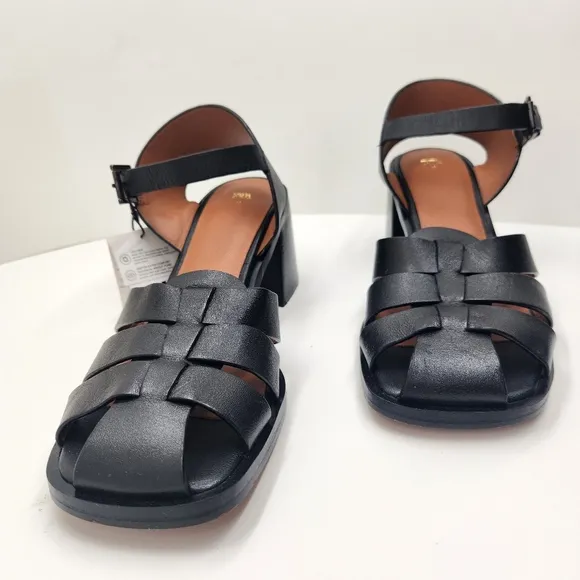 Zara sandals women's 10 black leather fisherman chunky heel minimalist new $100