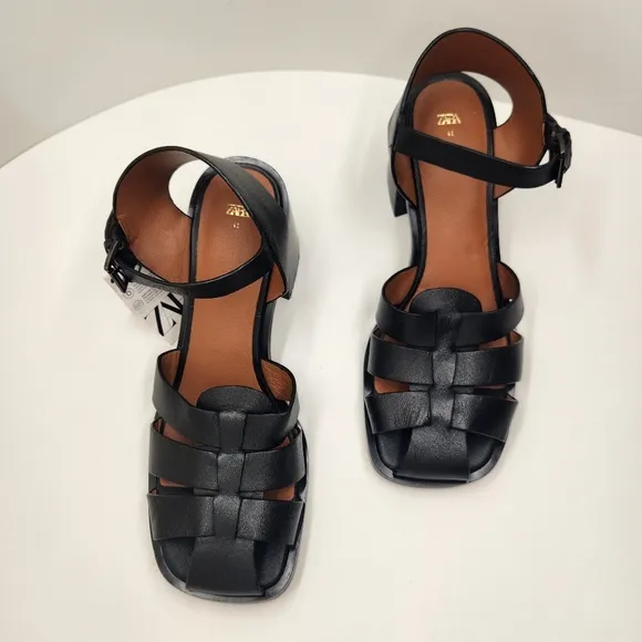 Zara sandals women's 10 black leather fisherman chunky heel minimalist new $100