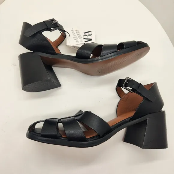 Zara sandals women's 10 black leather fisherman chunky heel minimalist new $100