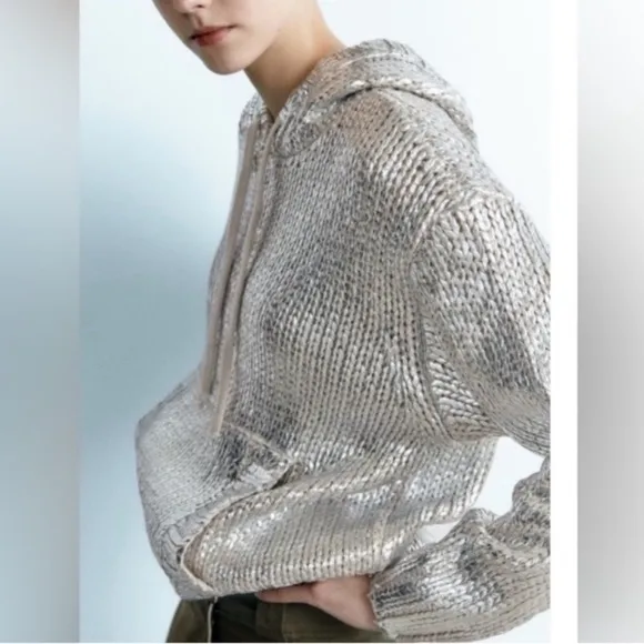 ZARA Silver Foil Metallic Knitted Hoodie Sweater