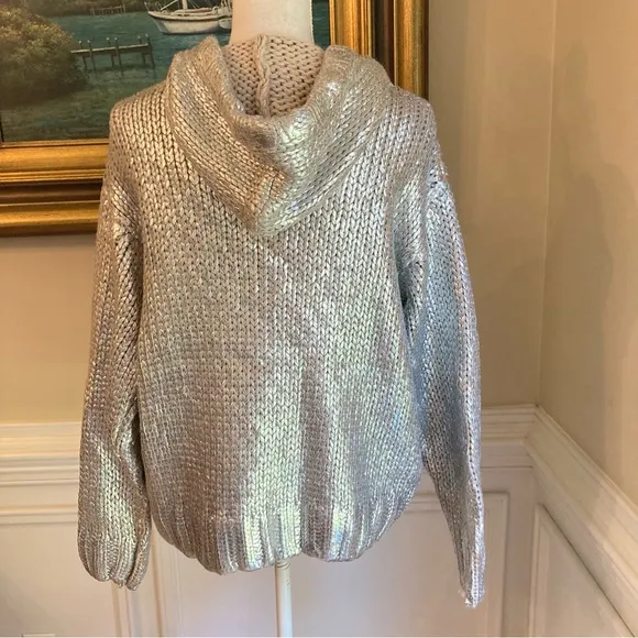 ZARA Silver Foil Metallic Knitted Hoodie Sweater