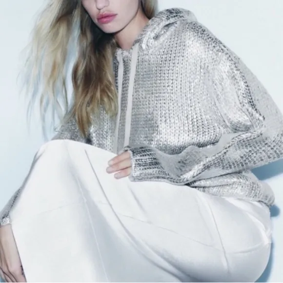 ZARA Silver Foil Metallic Knitted Hoodie Sweater