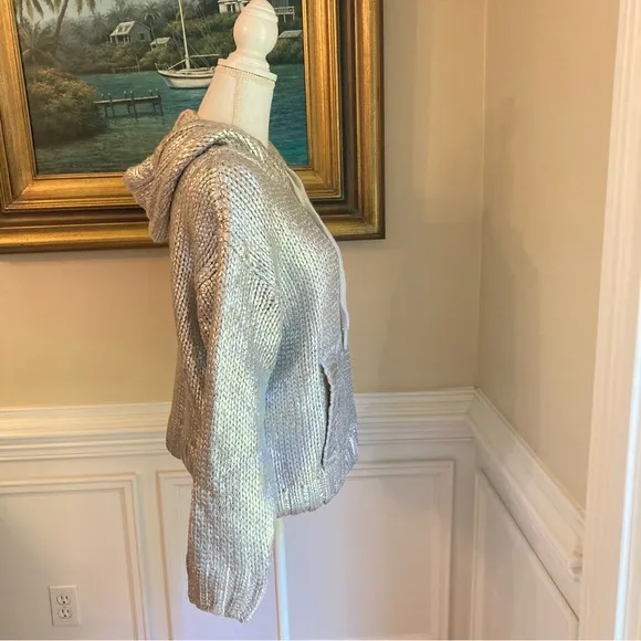 ZARA Silver Foil Metallic Knitted Hoodie Sweater