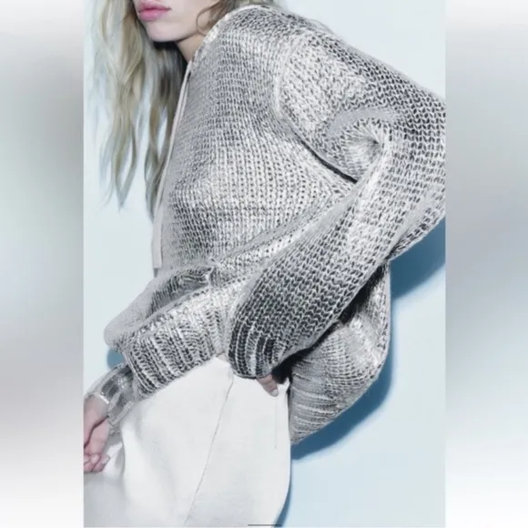 ZARA Silver Foil Metallic Knitted Hoodie Sweater
