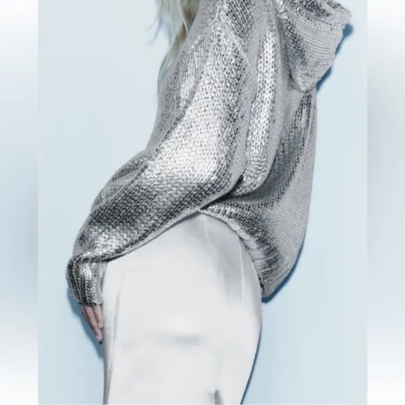 ZARA Silver Foil Metallic Knitted Hoodie Sweater