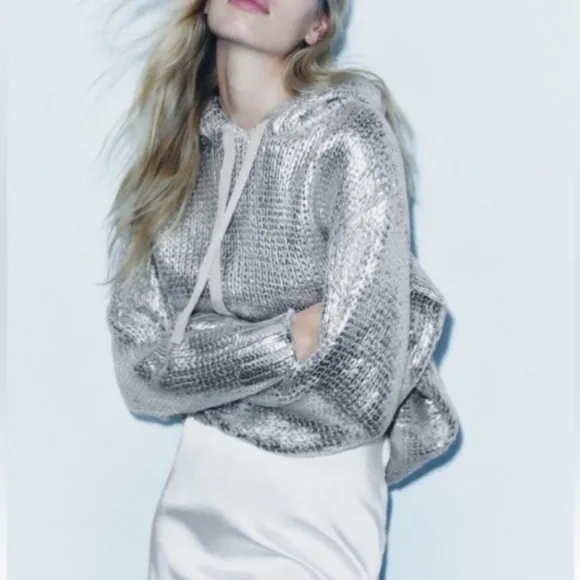 ZARA Silver Foil Metallic Knitted Hoodie Sweater