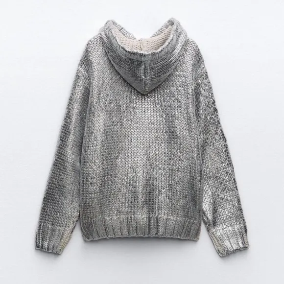ZARA Silver Foil Metallic Knitted Hoodie Sweater