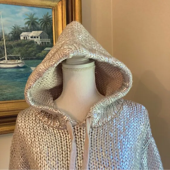 ZARA Silver Foil Metallic Knitted Hoodie Sweater