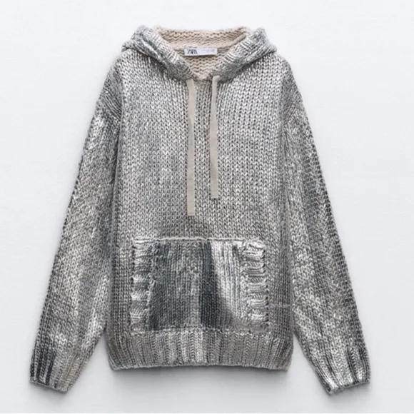 ZARA Silver Foil Metallic Knitted Hoodie Sweater
