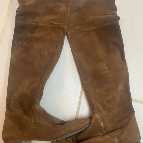 Zara Suede  Leather Over The Knee Flat Sole Riding Boot in Camel Brown 38