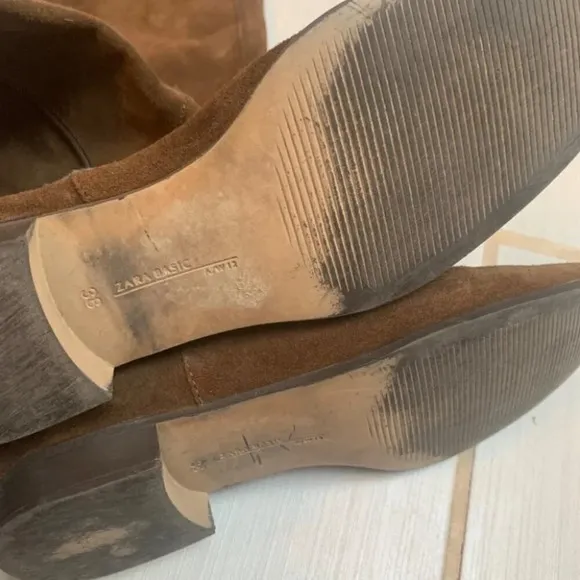 Zara Suede  Leather Over The Knee Flat Sole Riding Boot in Camel Brown 38