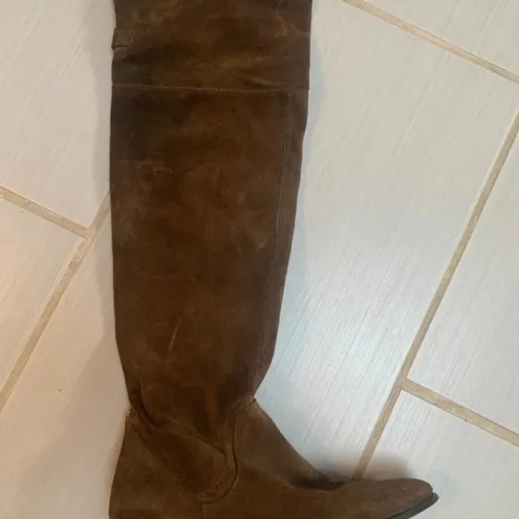 Zara Suede  Leather Over The Knee Flat Sole Riding Boot in Camel Brown 38