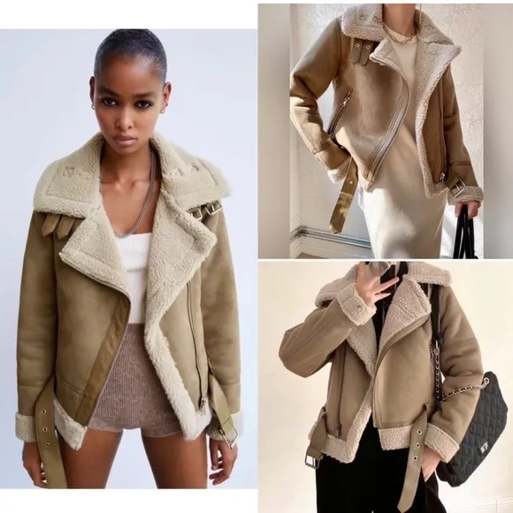 ZARA Tan Faux Suede Leather Sherpa Aviator Moto Jacket