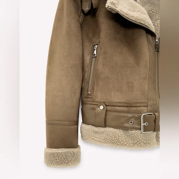 ZARA Tan Faux Suede Leather Sherpa Aviator Moto Jacket