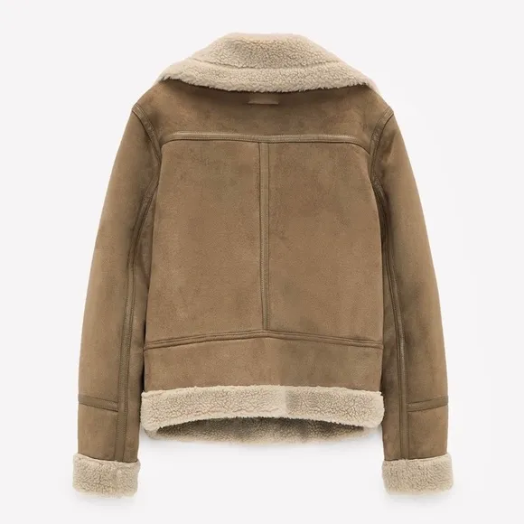 ZARA Tan Faux Suede Leather Sherpa Aviator Moto Jacket