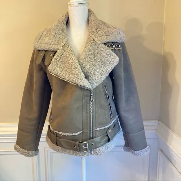 ZARA Tan Faux Suede Leather Sherpa Aviator Moto Jacket
