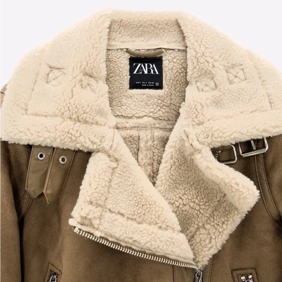 ZARA Tan Faux Suede Leather Sherpa Aviator Moto Jacket