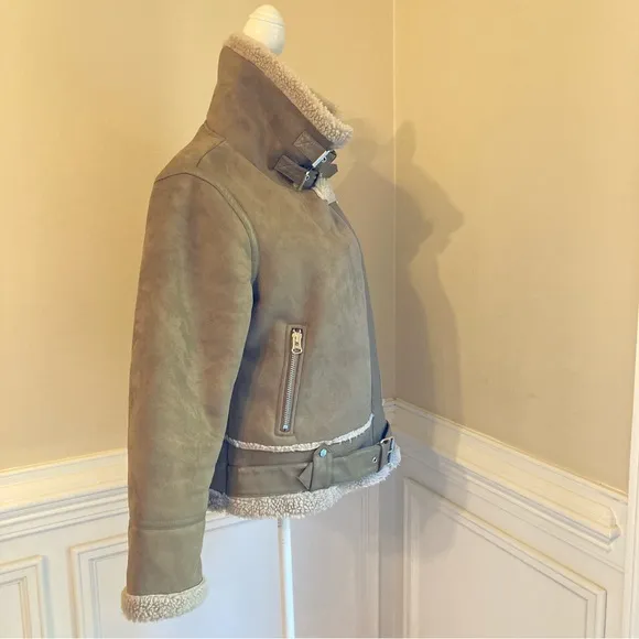 ZARA Tan Faux Suede Leather Sherpa Aviator Moto Jacket