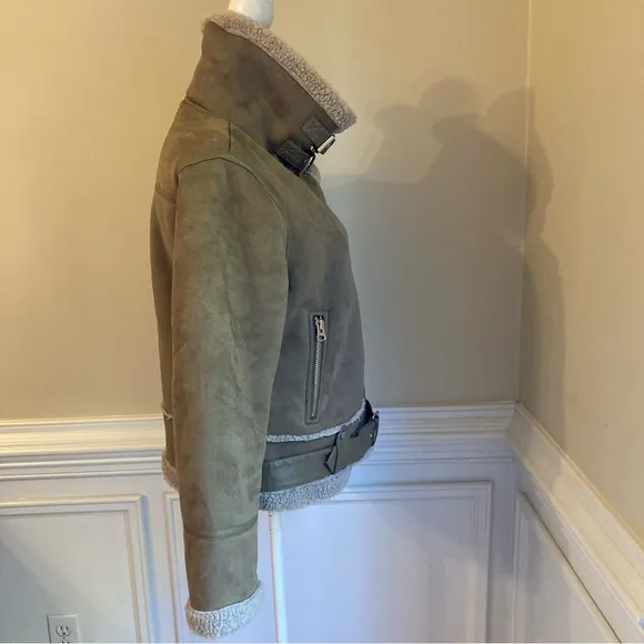 ZARA Tan Faux Suede Leather Sherpa Aviator Moto Jacket