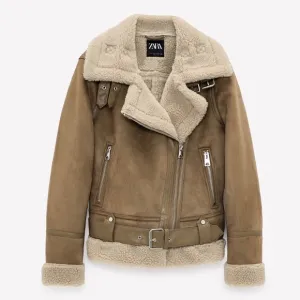 ZARA Tan Faux Suede Leather Sherpa Aviator Moto Jacket