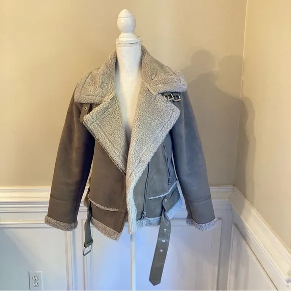 ZARA Tan Faux Suede Leather Sherpa Aviator Moto Jacket
