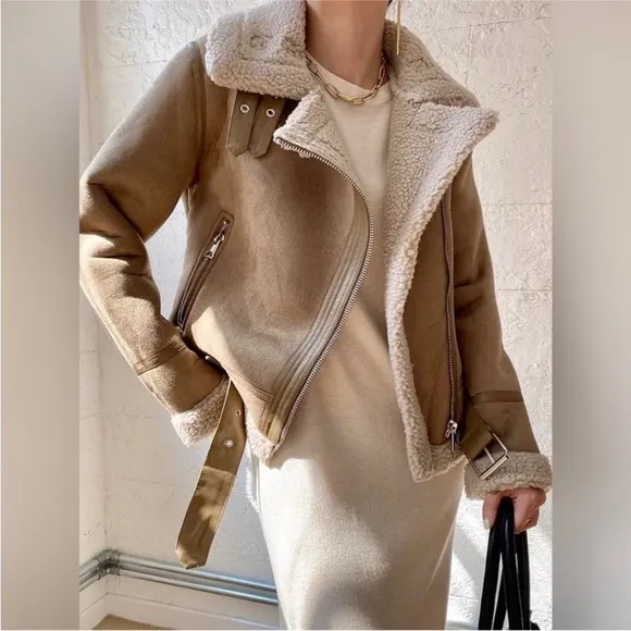 ZARA Tan Faux Suede Leather Sherpa Aviator Moto Jacket