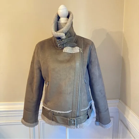 ZARA Tan Faux Suede Leather Sherpa Aviator Moto Jacket