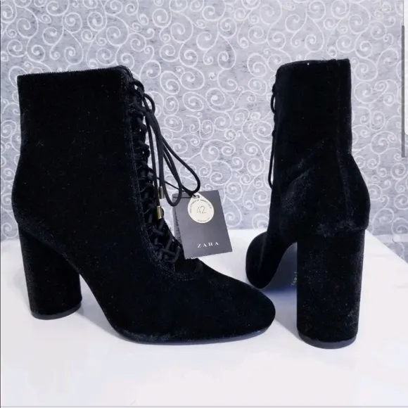 Zara Velvet Lace Tie Up High Heel Ankle Boot